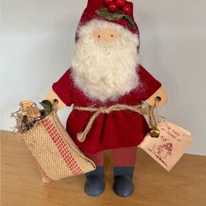 Vintage Handmade Lizzie High Primitive Wood Folk Art Christmas Santa Doll w/Tag
